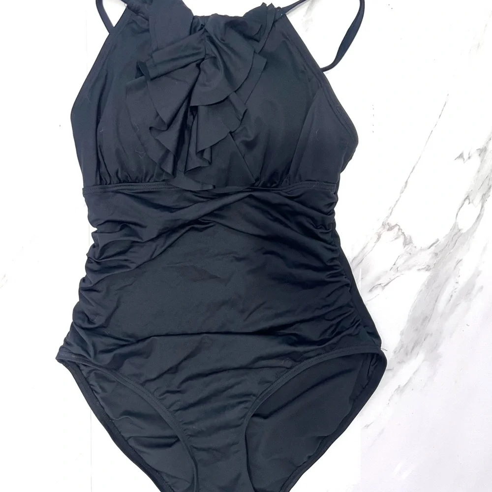 DKNY Black Classic One Piece halter‎ swimsuit ruffle front detail 6 - Picture 2 of 9